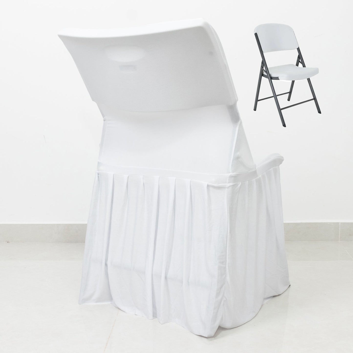 White Spandex Pleated Lifetime Folding Chair Cover â€“ Stretch Slipcover with Floor-Length Skirt, Also Fits Standard Chairs