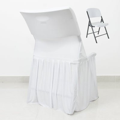 White Spandex Pleated Lifetime Folding Chair Cover â€“ Stretch Slipcover with Floor-Length Skirt, Also Fits Standard Chairs