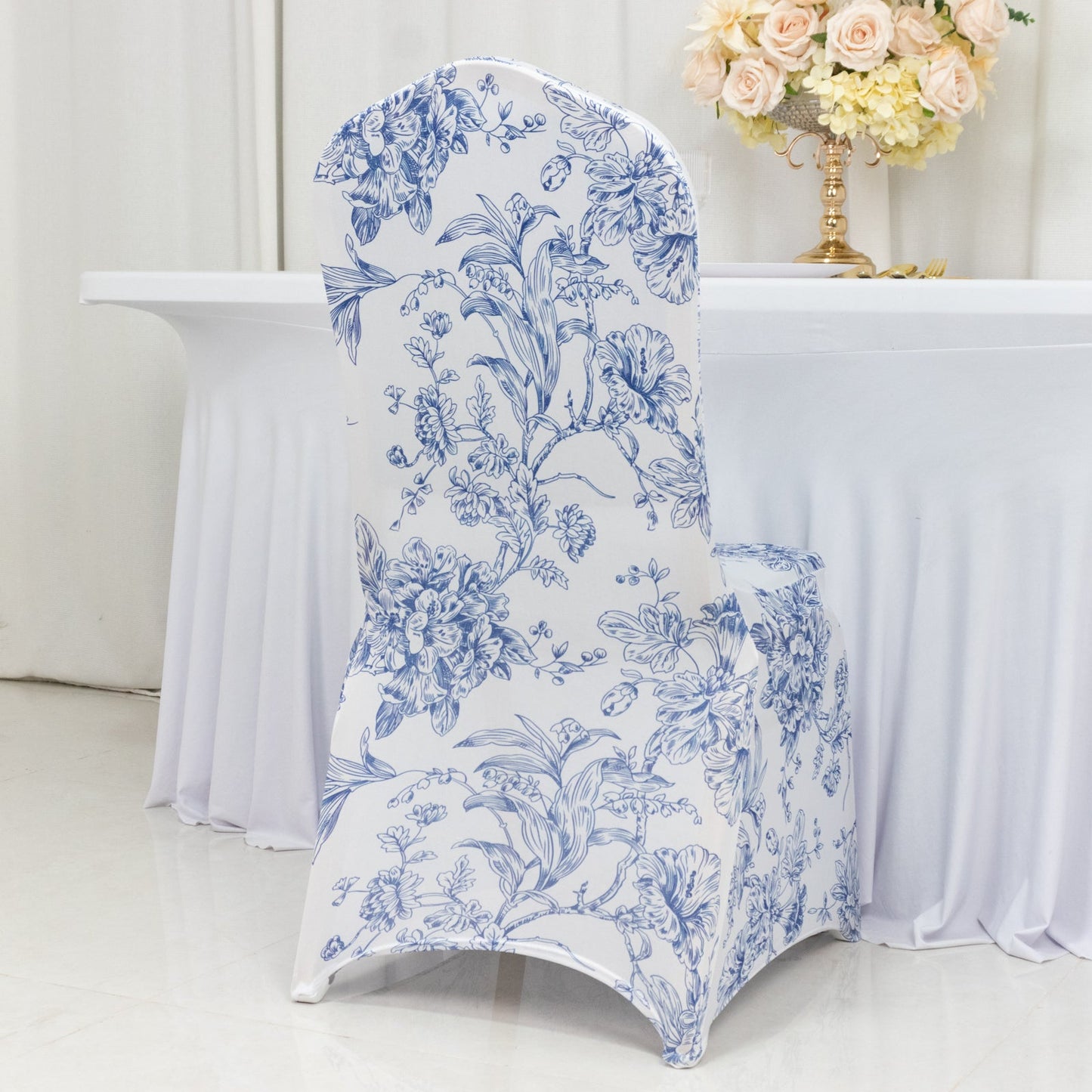 10 Pack Spandex Chair Covers for Banquet Chairs â€“ White Blue French Toile Reusable Stretch Slip-On Floral Covers