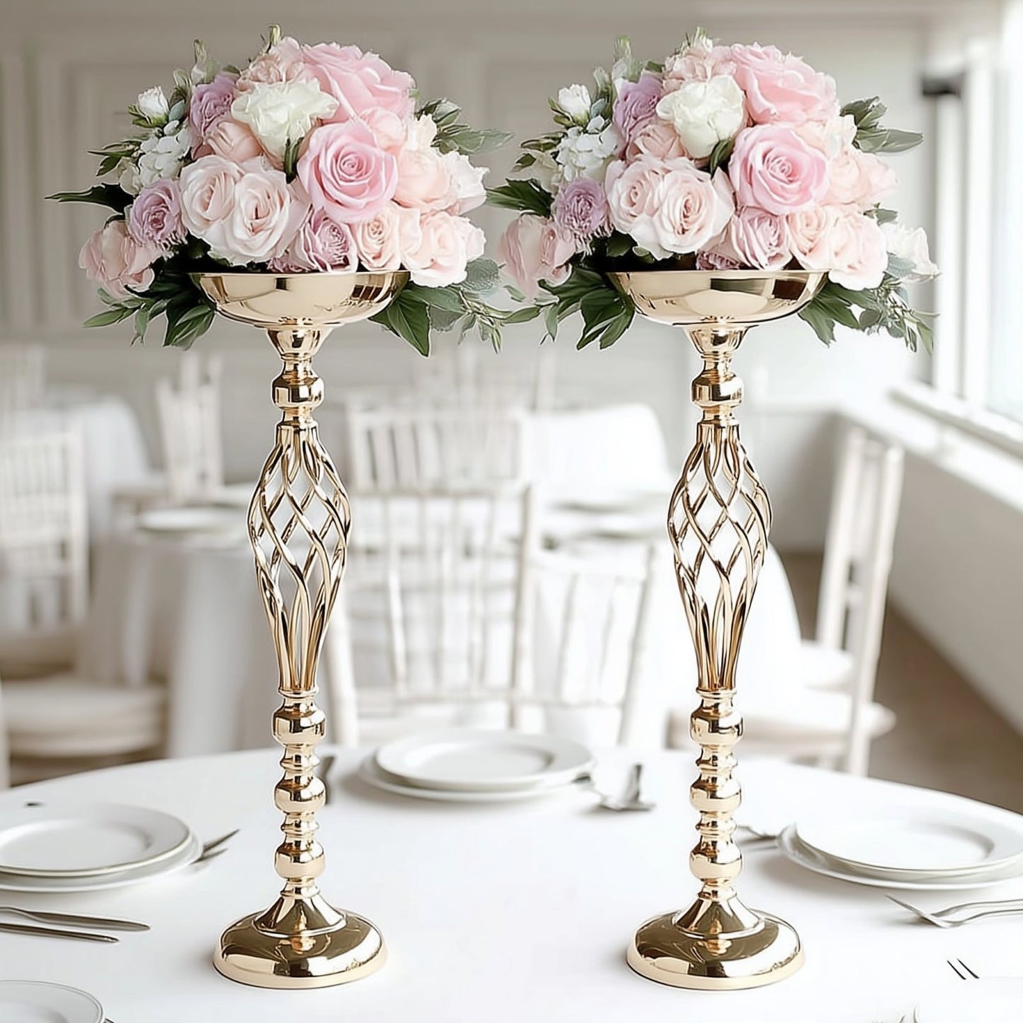 2-Pack Metal Pillar Candle Holders Reversible Flower Ball Pedestal Design Gold - Decorative Event Centerpieces 26"