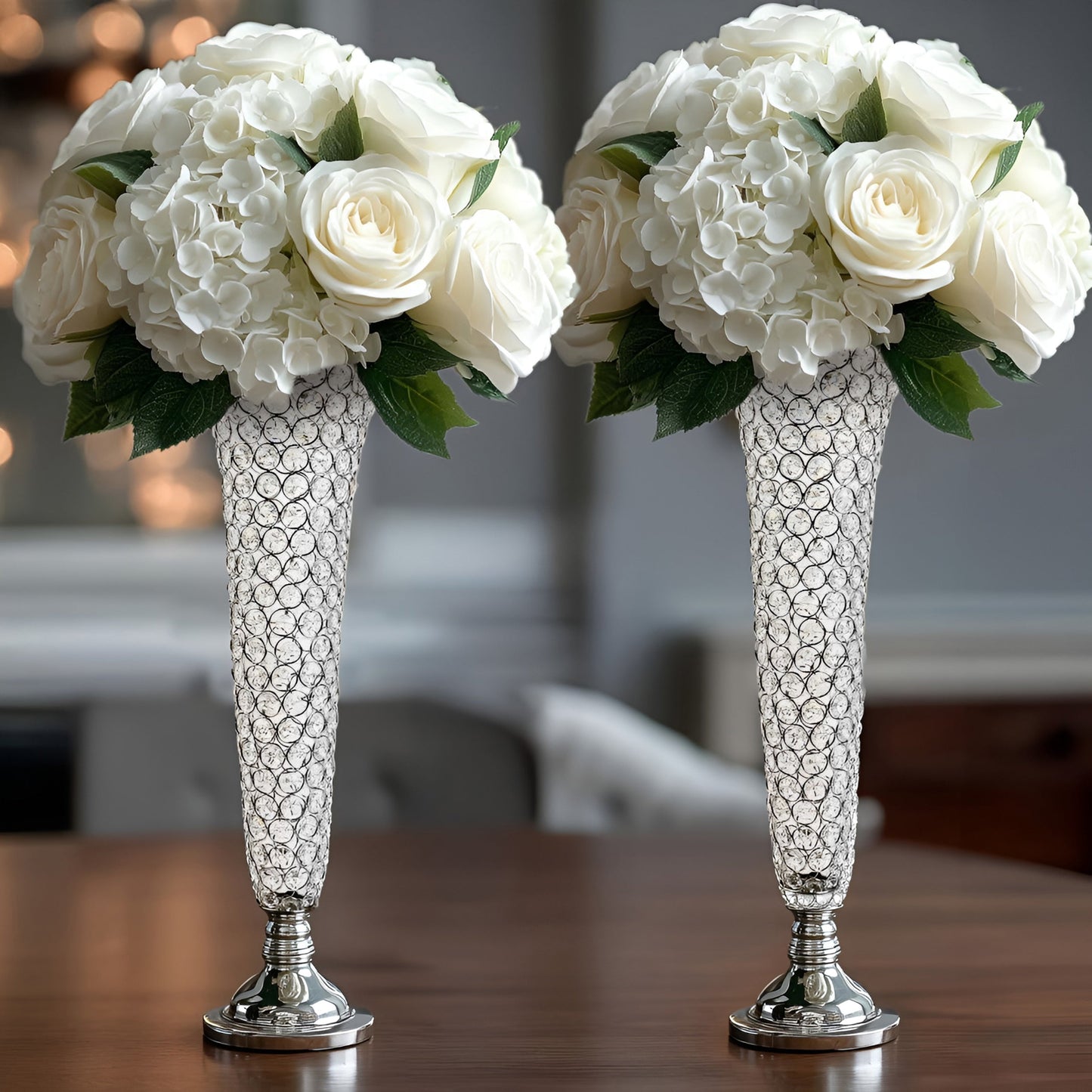2-Pack Crystal Beaded Trumpet Vase Silver - Exquisite Floral Display Centerpiece Stand Set for Banquets & Receptions 28" Tall