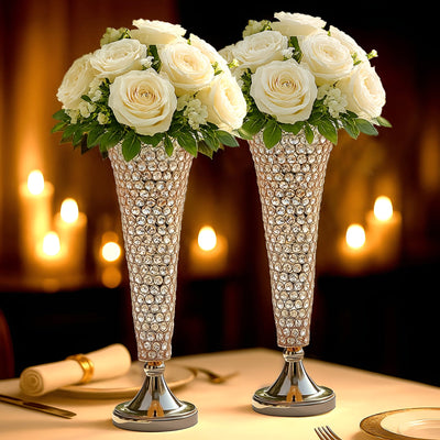 2-Pack Crystal Beaded Trumpet Vase Set Gold - Table Centerpiece for Stylish Decor 22"