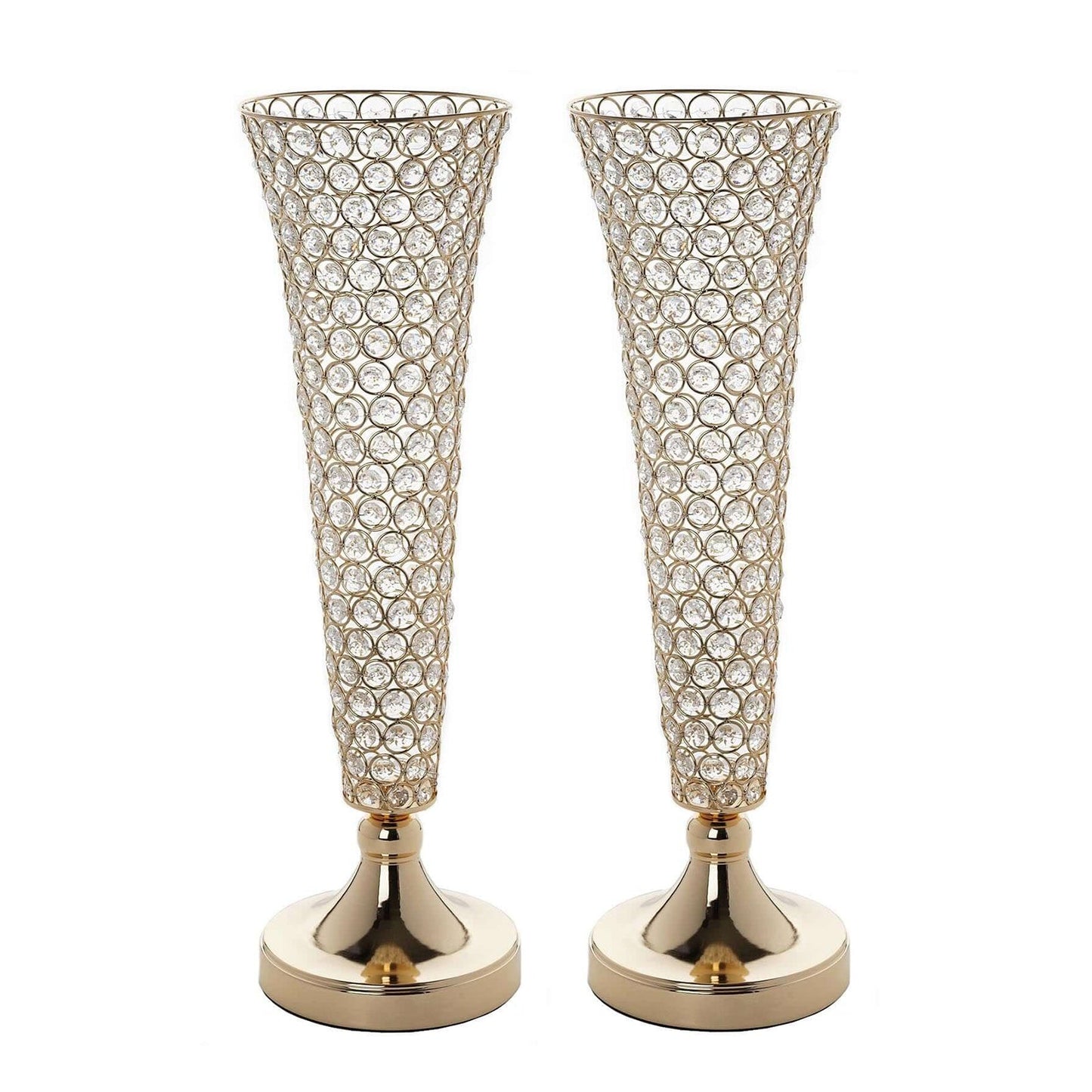 2-Pack Crystal Beaded Trumpet Vase Set Gold - Table Centerpiece for Stylish Decor 22"
