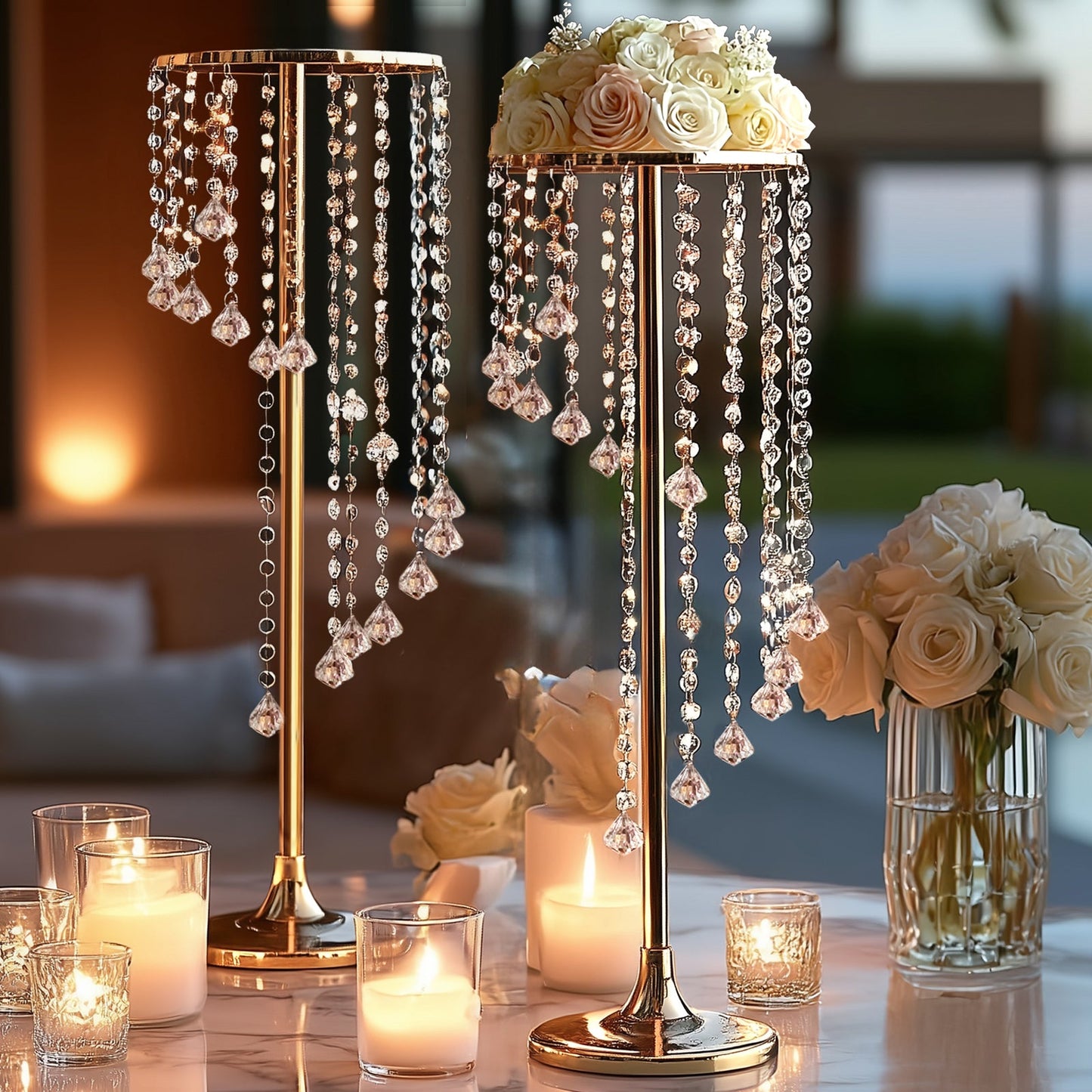 2-Pack Metal Flower Stand Gold with Spiral Hanging Beads - Crystal Pedestal Table Wedding Centerpiece 24"