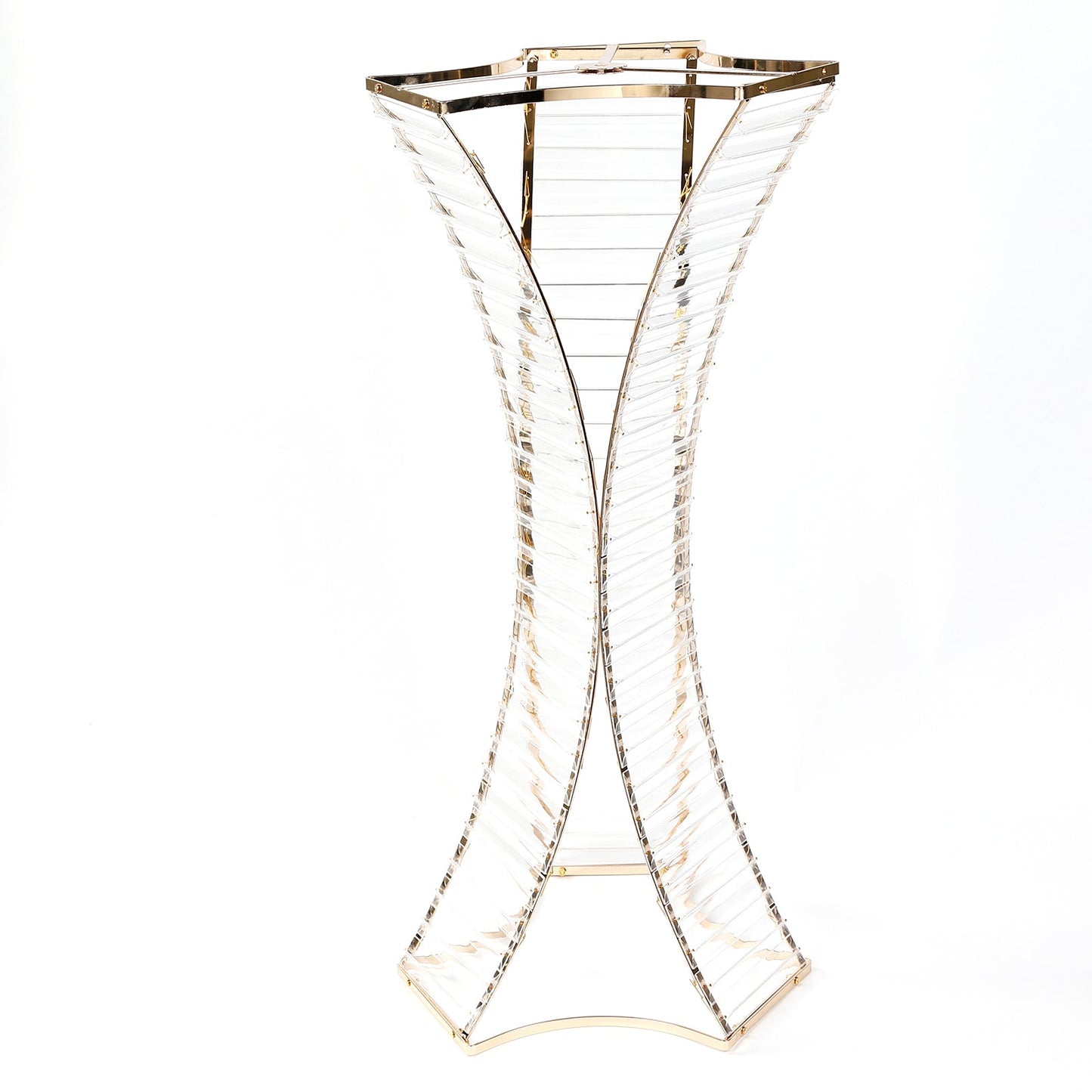 32" Crystal Pendant Flower Stand with Gold Metal Frame â€“ Hourglass Column Vase Holder for Floral Arrangements & Table Centerpieces