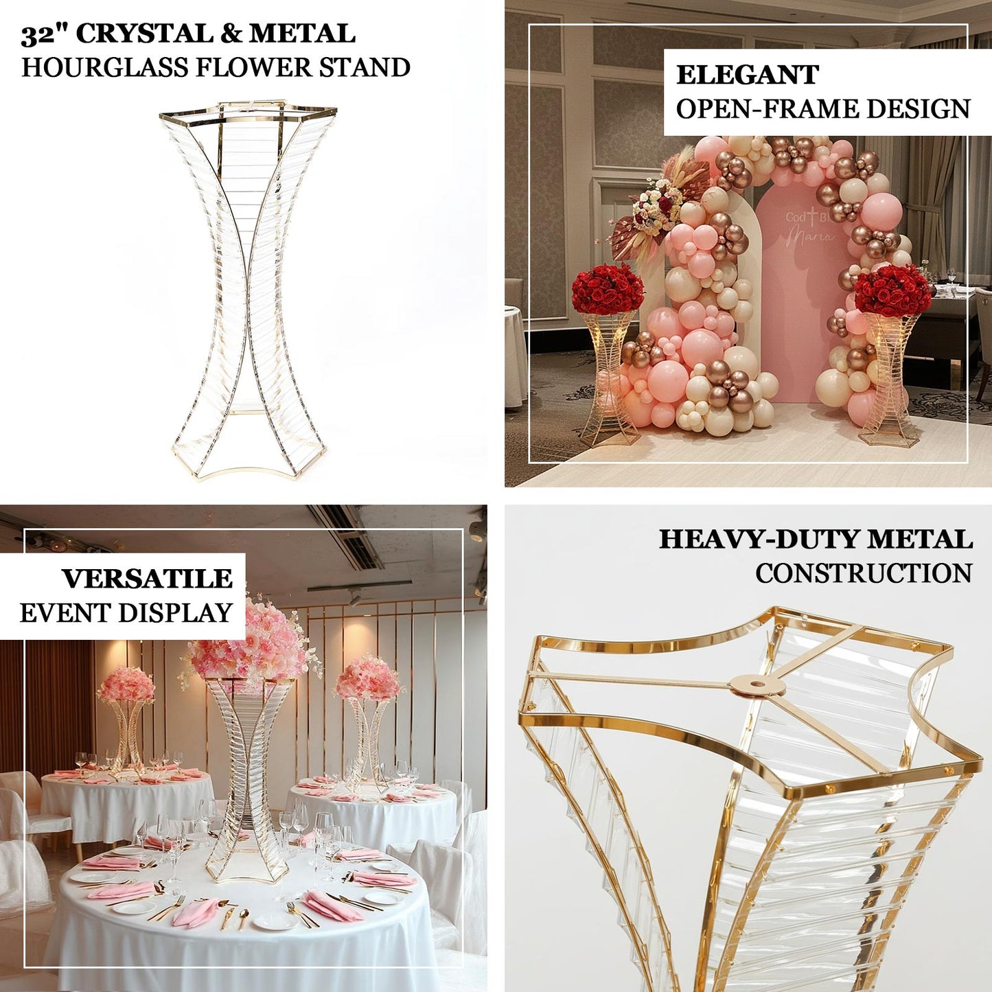 32" Crystal Pendant Flower Stand with Gold Metal Frame â€“ Hourglass Column Vase Holder for Floral Arrangements & Table Centerpieces