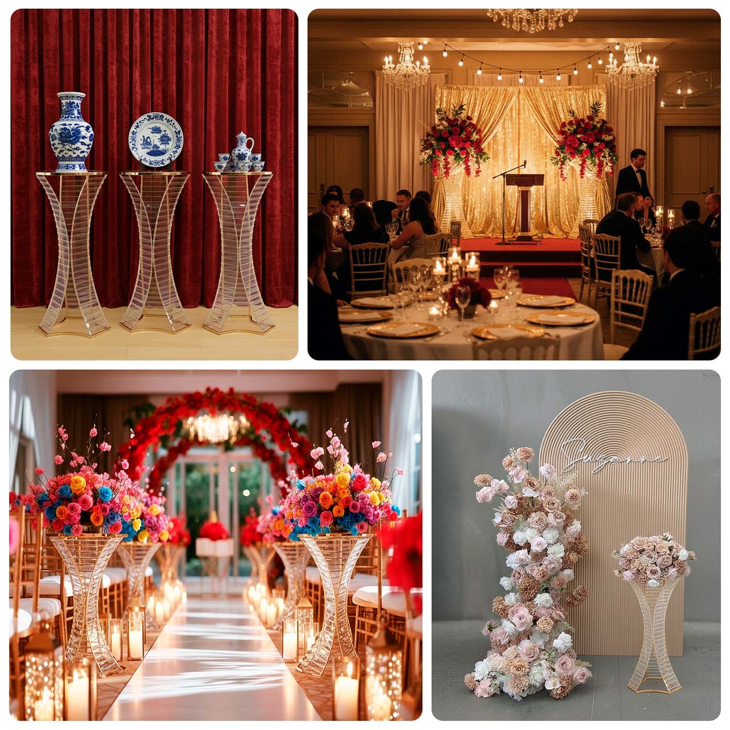 32" Crystal Pendant Flower Stand with Gold Metal Frame â€“ Hourglass Column Vase Holder for Floral Arrangements & Table Centerpieces