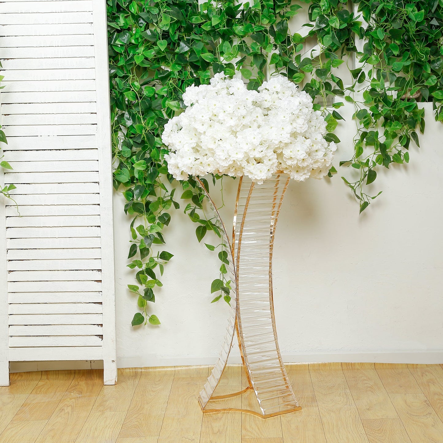 32" Crystal Pendant Flower Stand with Gold Metal Frame â€“ Hourglass Column Vase Holder for Floral Arrangements & Table Centerpieces