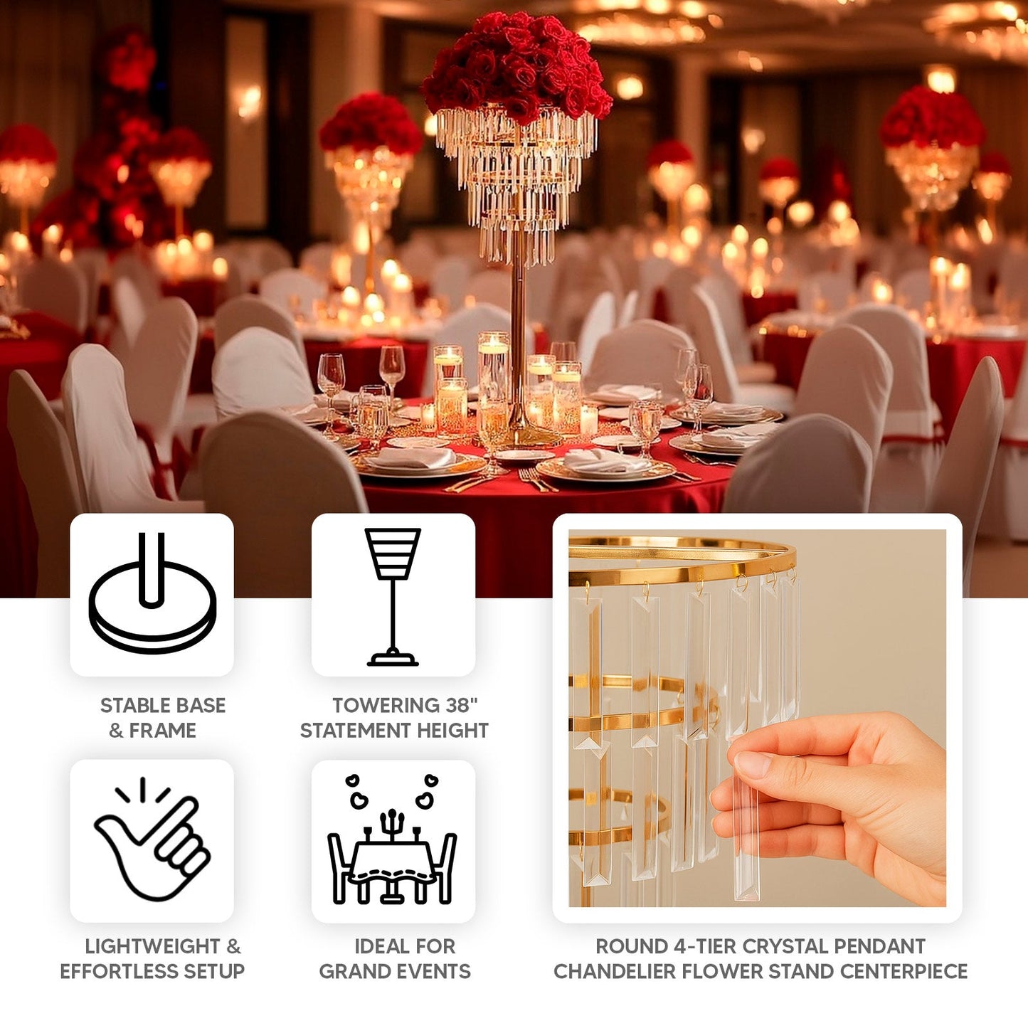 38" Crystal Pendant 4-Tier Table Centerpiece Chandelier â€“ Gold Metal Vase Stand with Round Frame & Base, Hanging Crystals