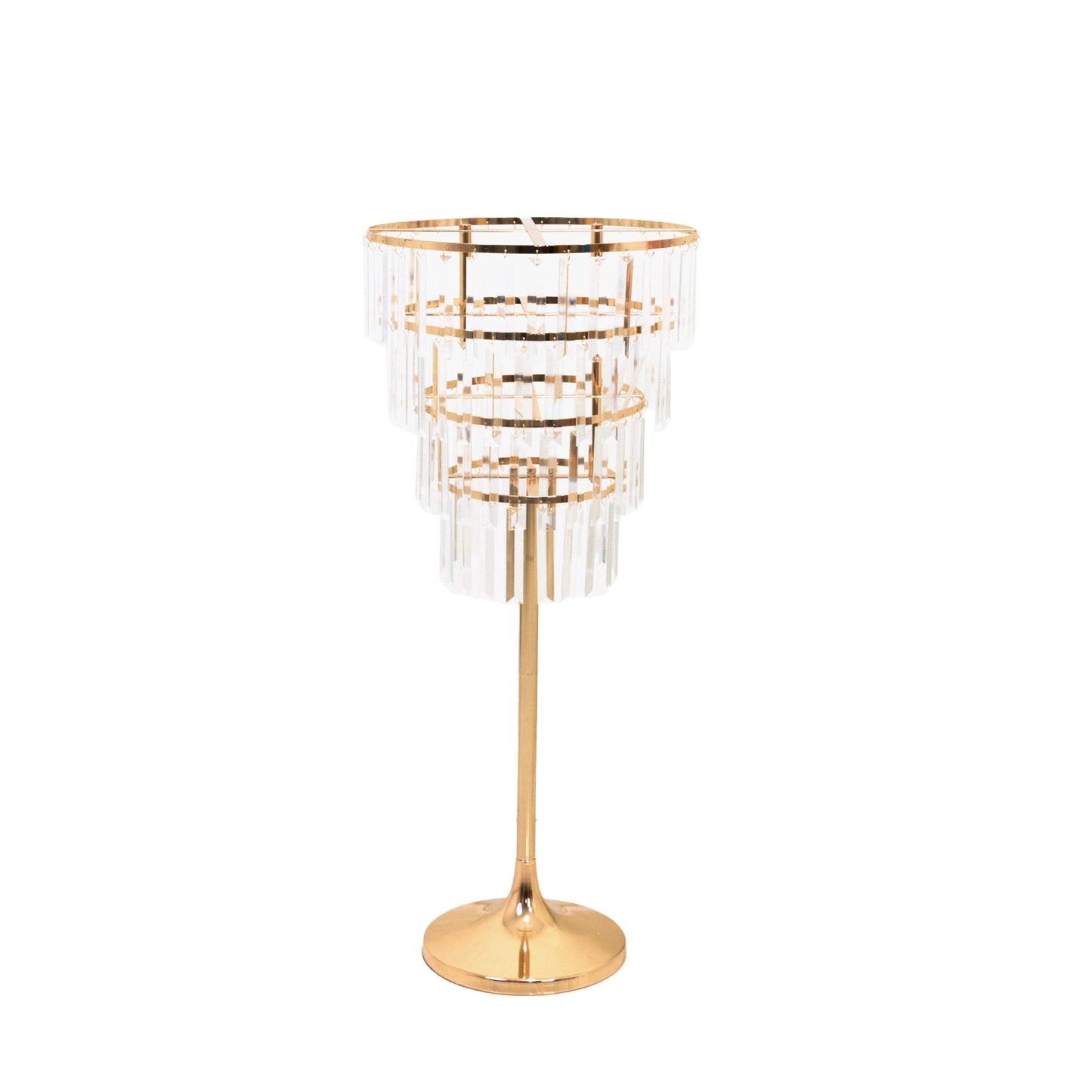 38" Crystal Pendant 4-Tier Table Centerpiece Chandelier â€“ Gold Metal Vase Stand with Round Frame & Base, Hanging Crystals