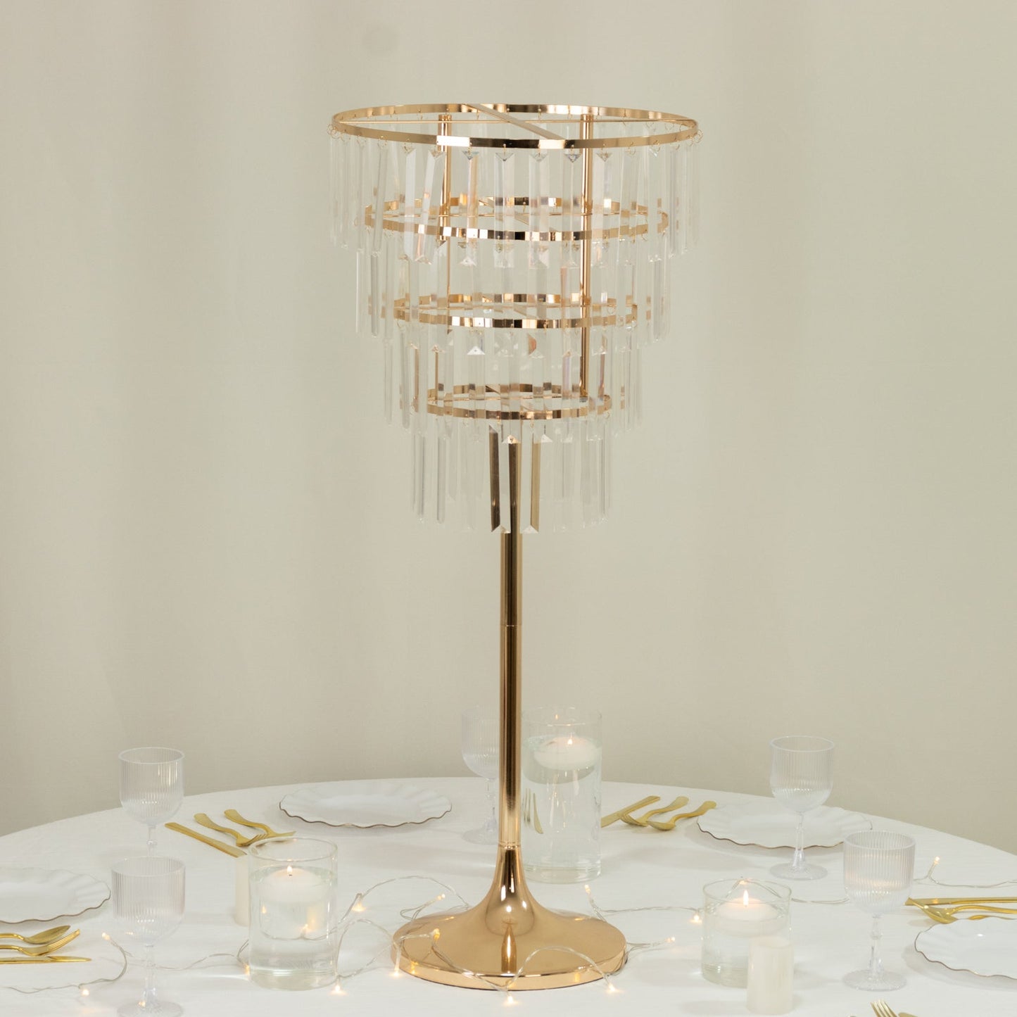 38" Crystal Pendant 4-Tier Table Centerpiece Chandelier â€“ Gold Metal Vase Stand with Round Frame & Base, Hanging Crystals