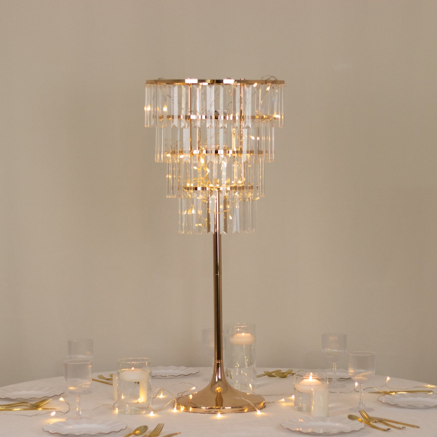 38" Crystal Pendant 4-Tier Table Centerpiece Chandelier â€“ Gold Metal Vase Stand with Round Frame & Base, Hanging Crystals