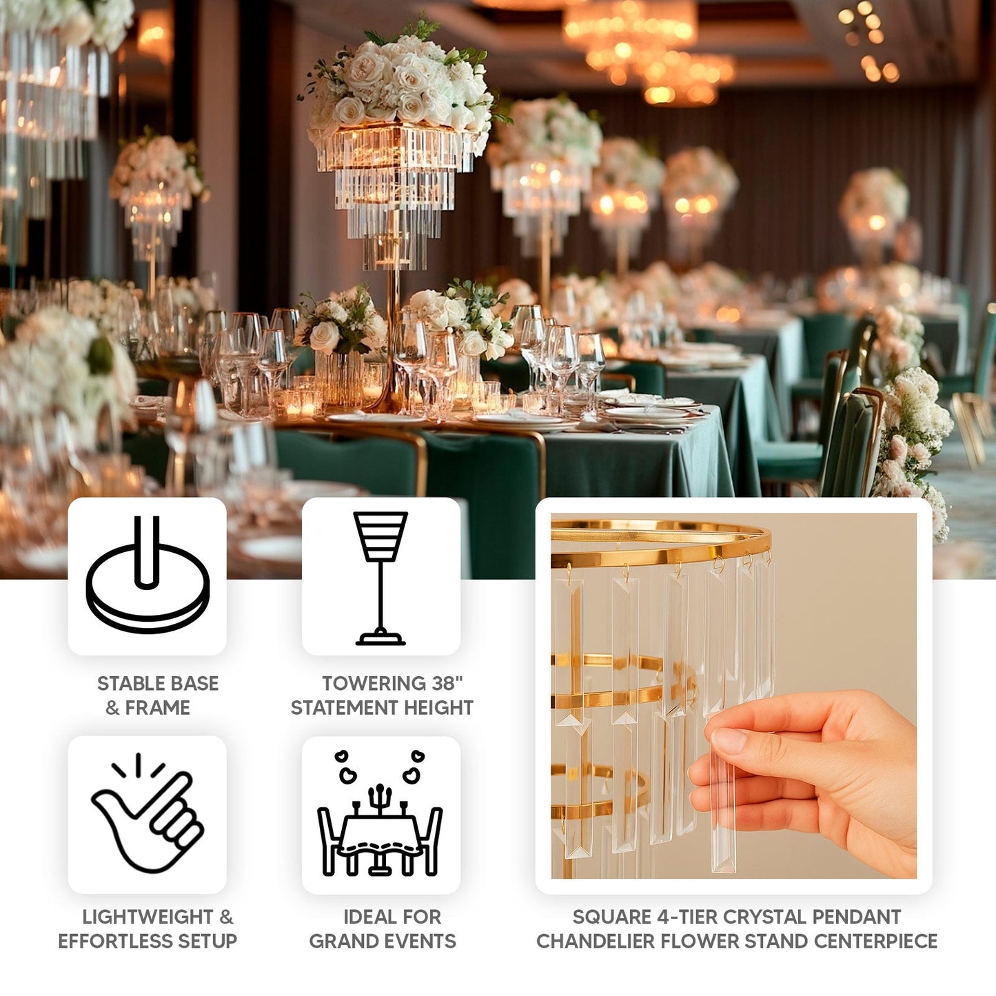 38" Crystal Pendant 4-Tier Table Centerpiece Chandelier â€“ Gold Metal Vase Stand with Square Frame, Round Base & Hanging Crystals