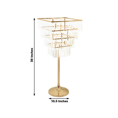 38" Crystal Pendant 4-Tier Table Centerpiece Chandelier â€“ Gold Metal Vase Stand with Square Frame, Round Base & Hanging Crystals