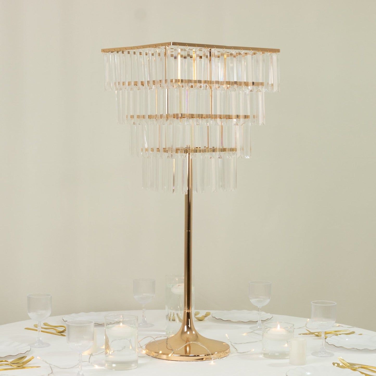 38" Crystal Pendant 4-Tier Table Centerpiece Chandelier â€“ Gold Metal Vase Stand with Square Frame, Round Base & Hanging Crystals