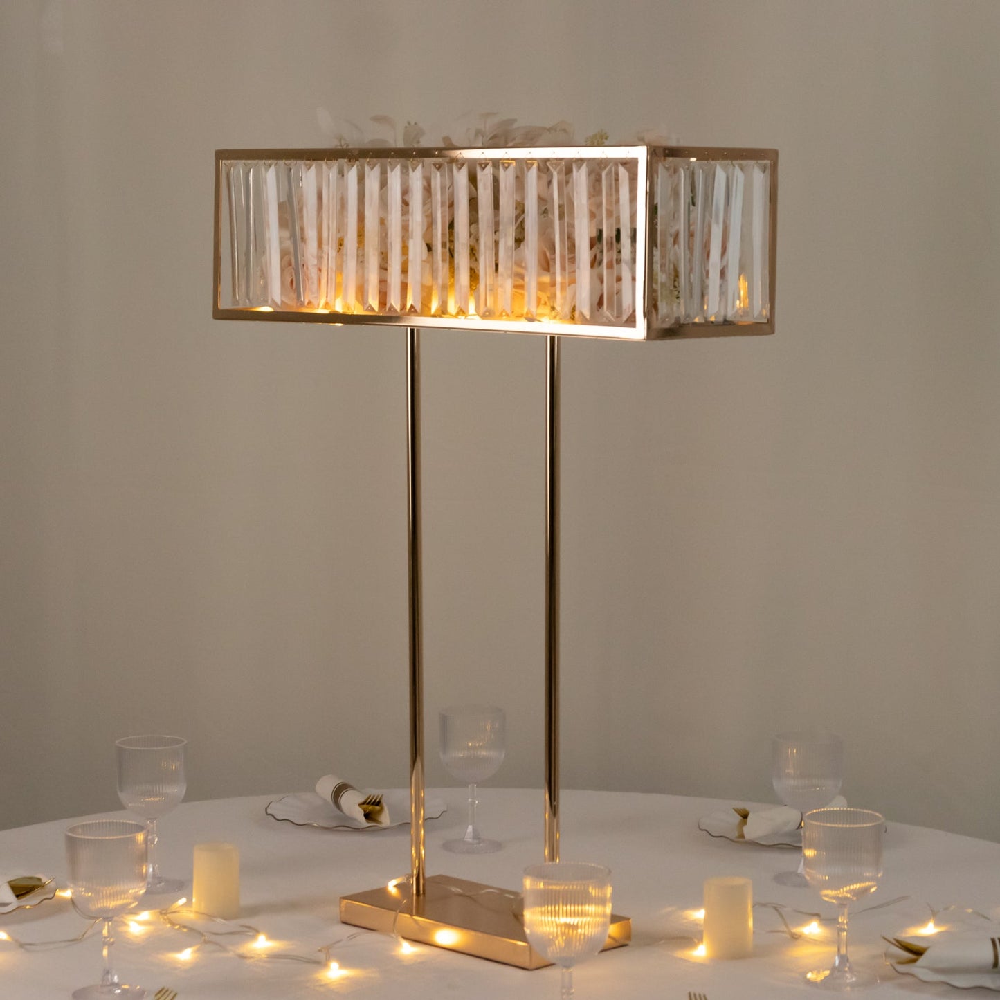 Gold Crystal Pendant Flower Stand, Metal Centerpiece Vase â€“ 32" Tall Rectangular Display Rack