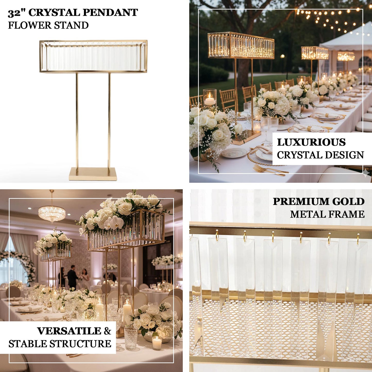 Gold Crystal Pendant Flower Stand, Metal Centerpiece Vase â€“ 32" Tall Rectangular Display Rack