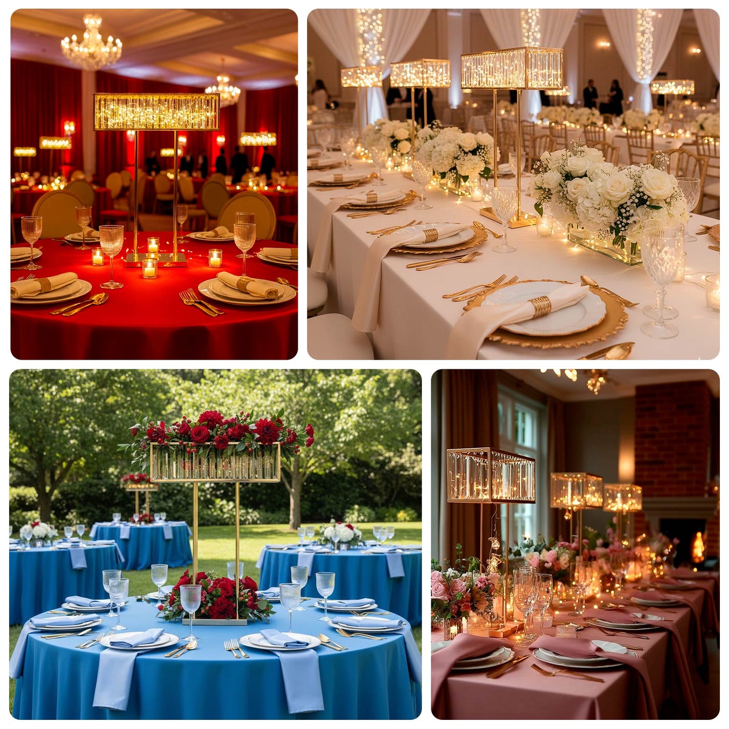 Gold Crystal Pendant Flower Stand, Metal Centerpiece Vase â€“ 32" Tall Rectangular Display Rack