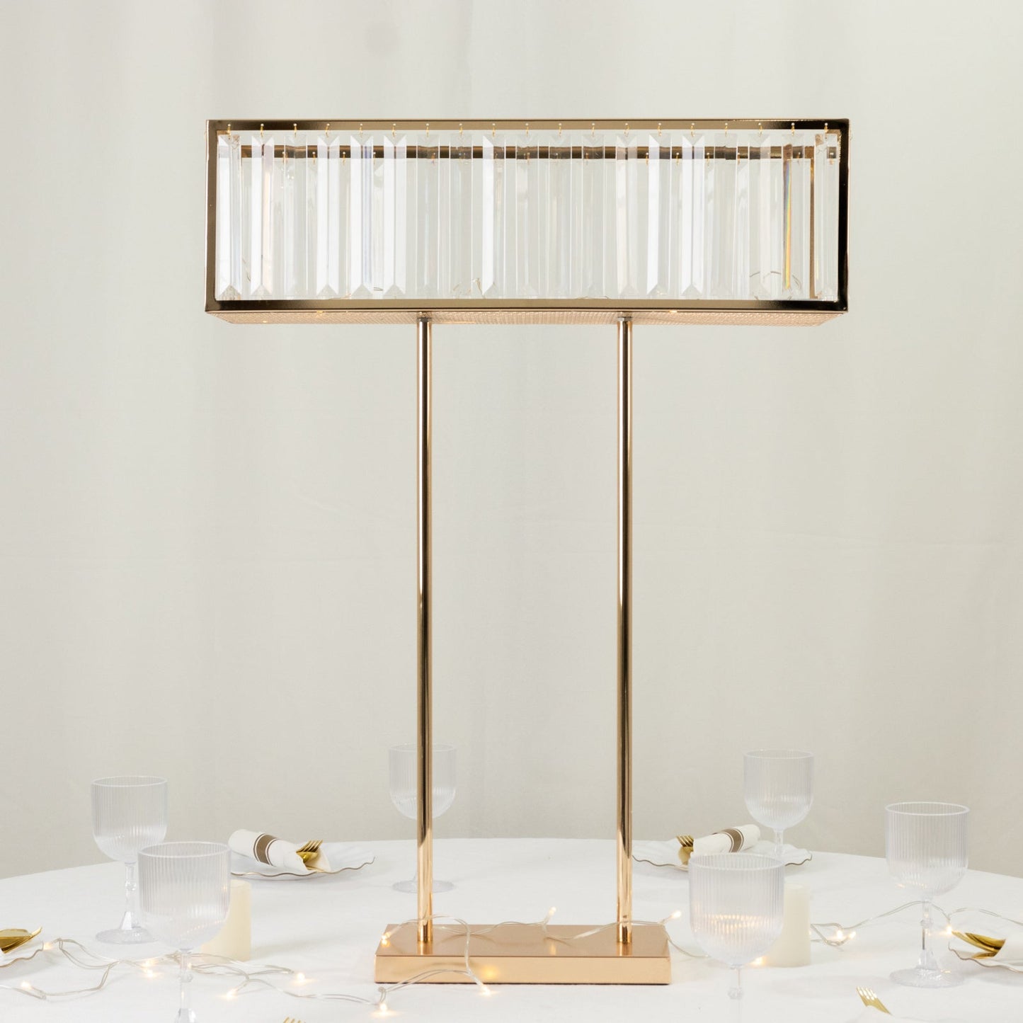 Gold Crystal Pendant Flower Stand, Metal Centerpiece Vase â€“ 32" Tall Rectangular Display Rack