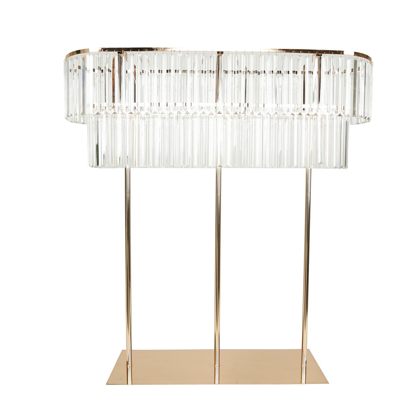 40"x40" Crystal Pendant 2-Tier Flower Stand â€“ Gold Metal Table Centerpiece Pedestal with Drop Accents