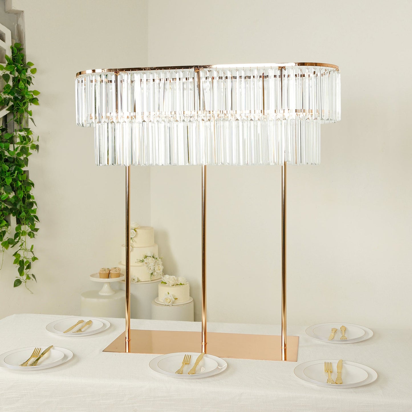 40"x40" Crystal Pendant 2-Tier Flower Stand â€“ Gold Metal Table Centerpiece Pedestal with Drop Accents