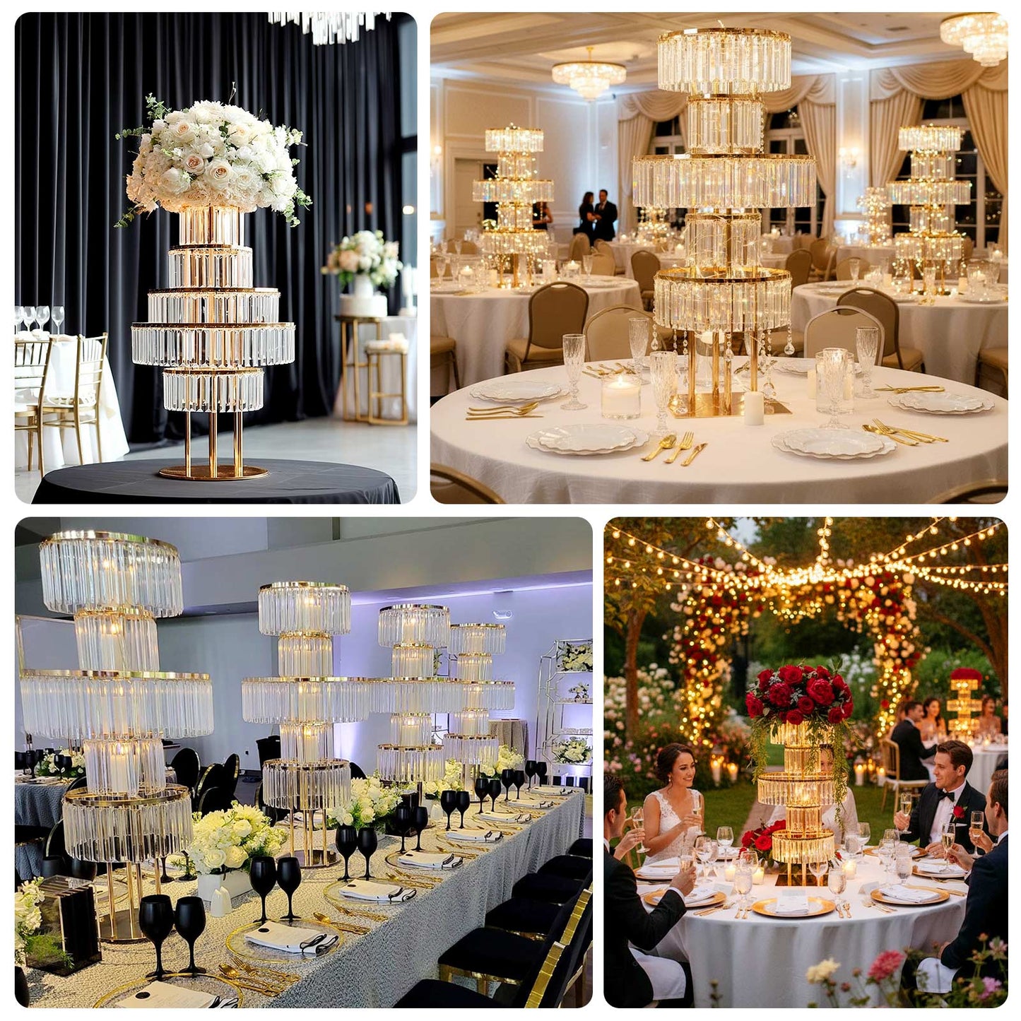 40" Crystal Pendant Table Centerpiece in 5-Tier Gold, Round Flower Stand Metal Vase Chandelier with Hanging Crystals