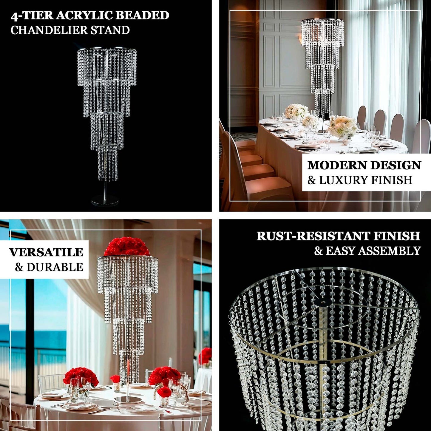 4ft Tall Event Centerpiece in Acrylic Clear Beaded Chandelier for Elegant Wedding & Party Table Decor, 4-Tier Round Metal Floral Stand