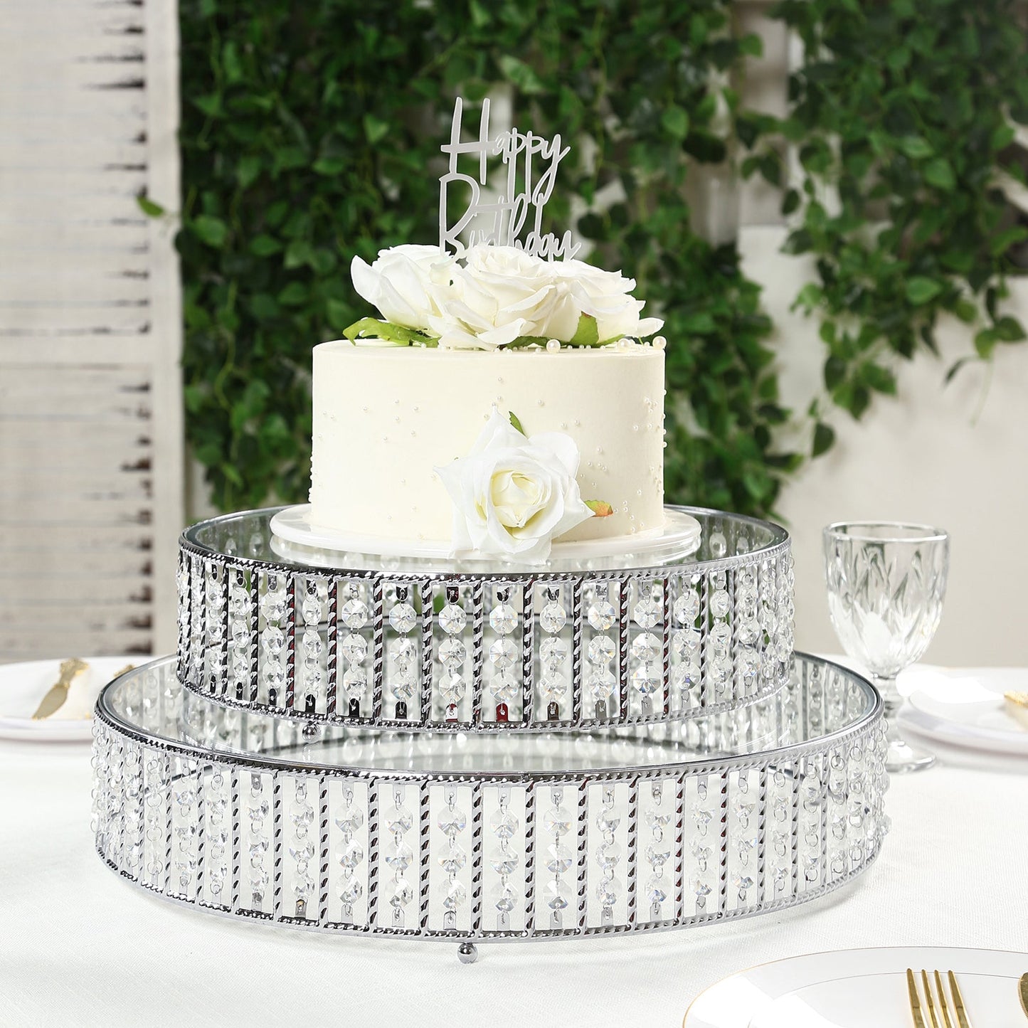 14" Round Silver Cake Stand with Hanging Crystal Beads and Glass Top â€“ Metal Dessert Display Tray