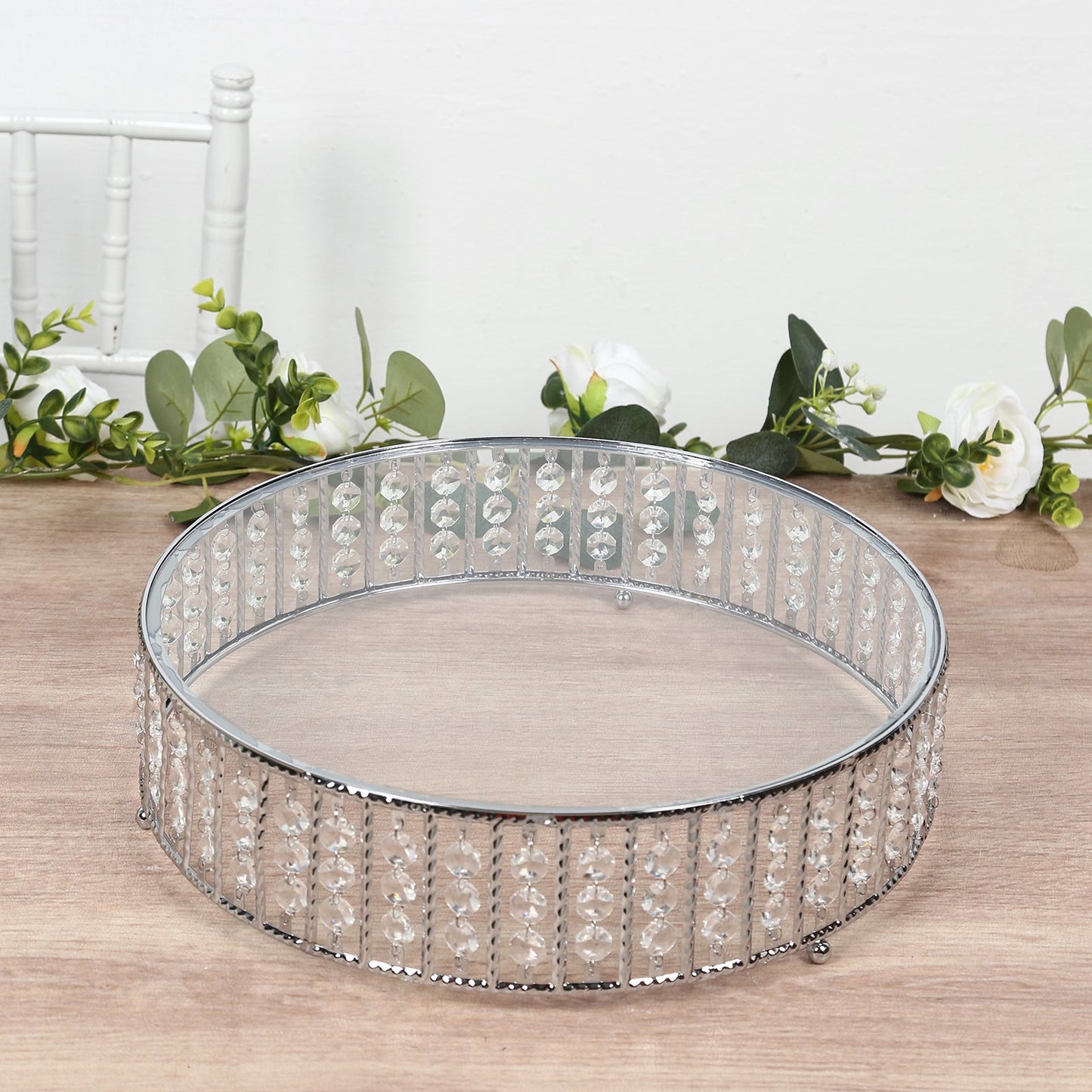 14" Round Silver Cake Stand with Hanging Crystal Beads and Glass Top â€“ Metal Dessert Display Tray