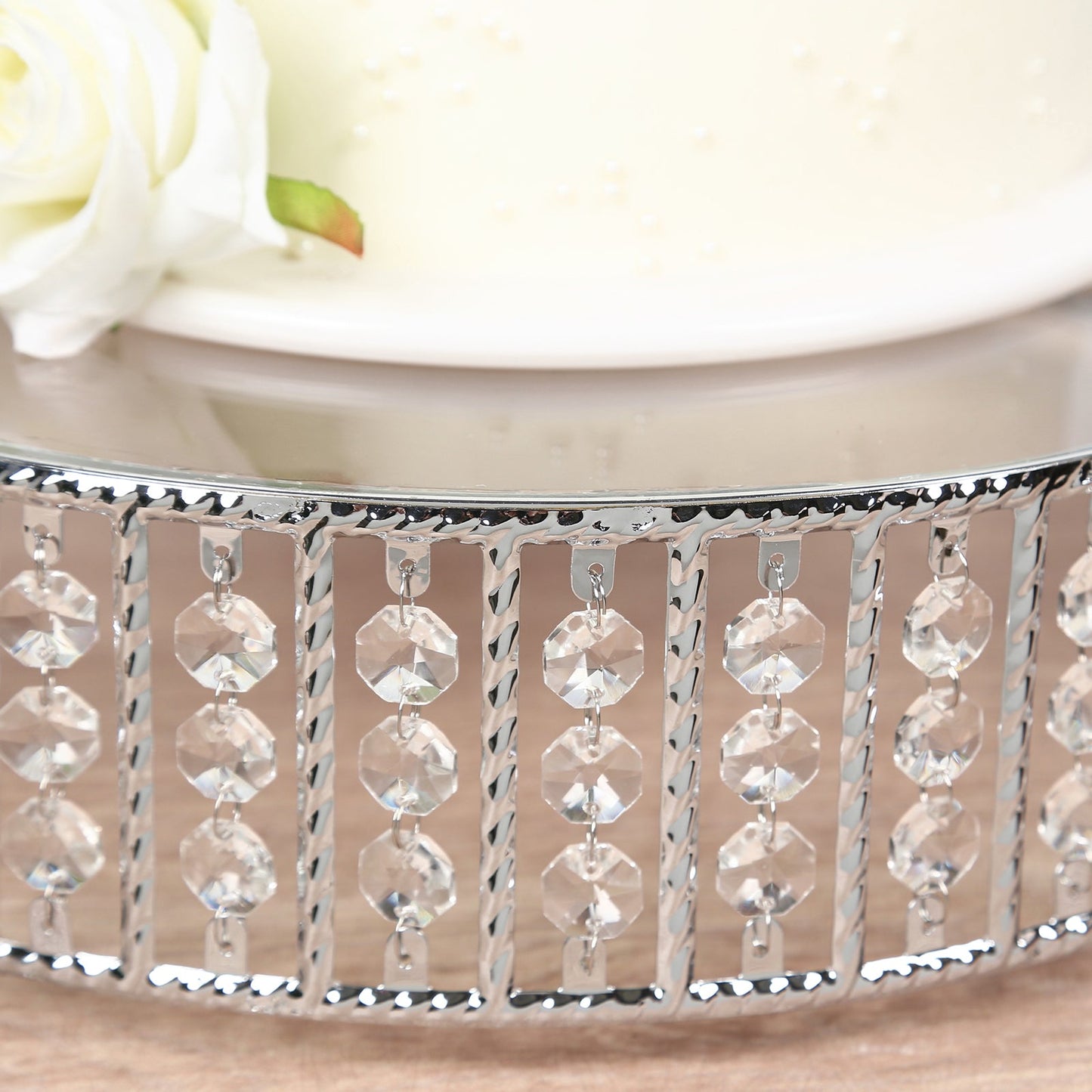 14" Round Silver Cake Stand with Hanging Crystal Beads and Glass Top â€“ Metal Dessert Display Tray