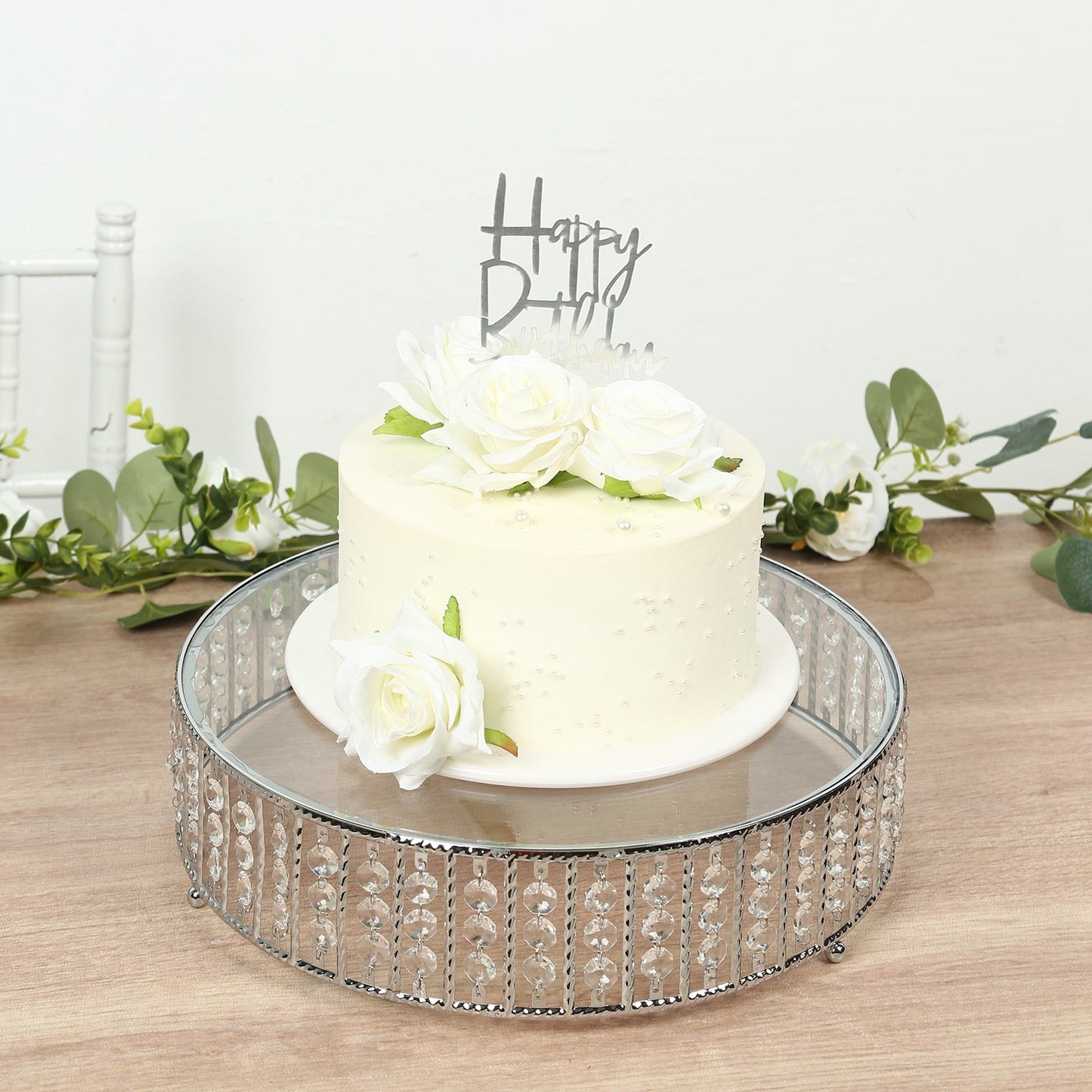 14" Round Silver Cake Stand with Hanging Crystal Beads and Glass Top â€“ Metal Dessert Display Tray