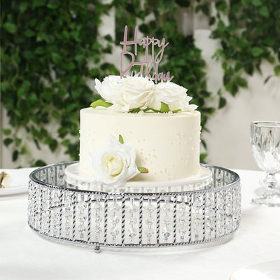 14" Round Silver Cake Stand with Hanging Crystal Beads and Glass Top â€“ Metal Dessert Display Tray