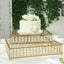 14" Square Gold Cake Stand with Hanging Crystal Beads and Glass Top â€“ Metal Dessert Display Tray