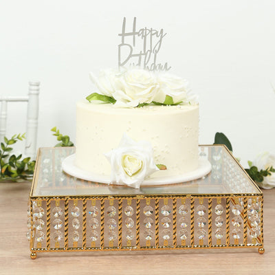 14" Square Gold Cake Stand with Hanging Crystal Beads and Glass Top â€“ Metal Dessert Display Tray