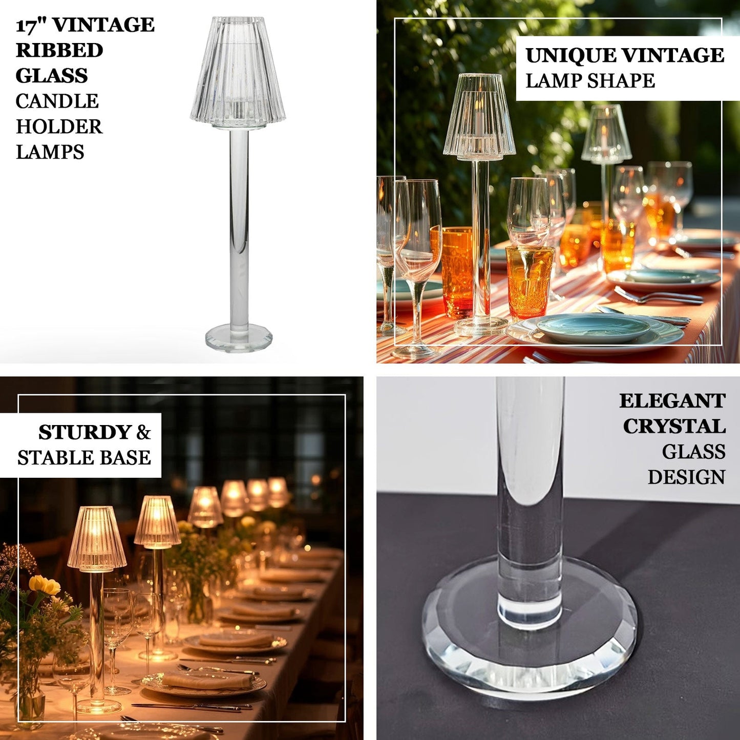 Set of 2 Clear Crystal Glass Candle Holders â€“ 17" Elegant Ribbed Vintage Table Lamp Design