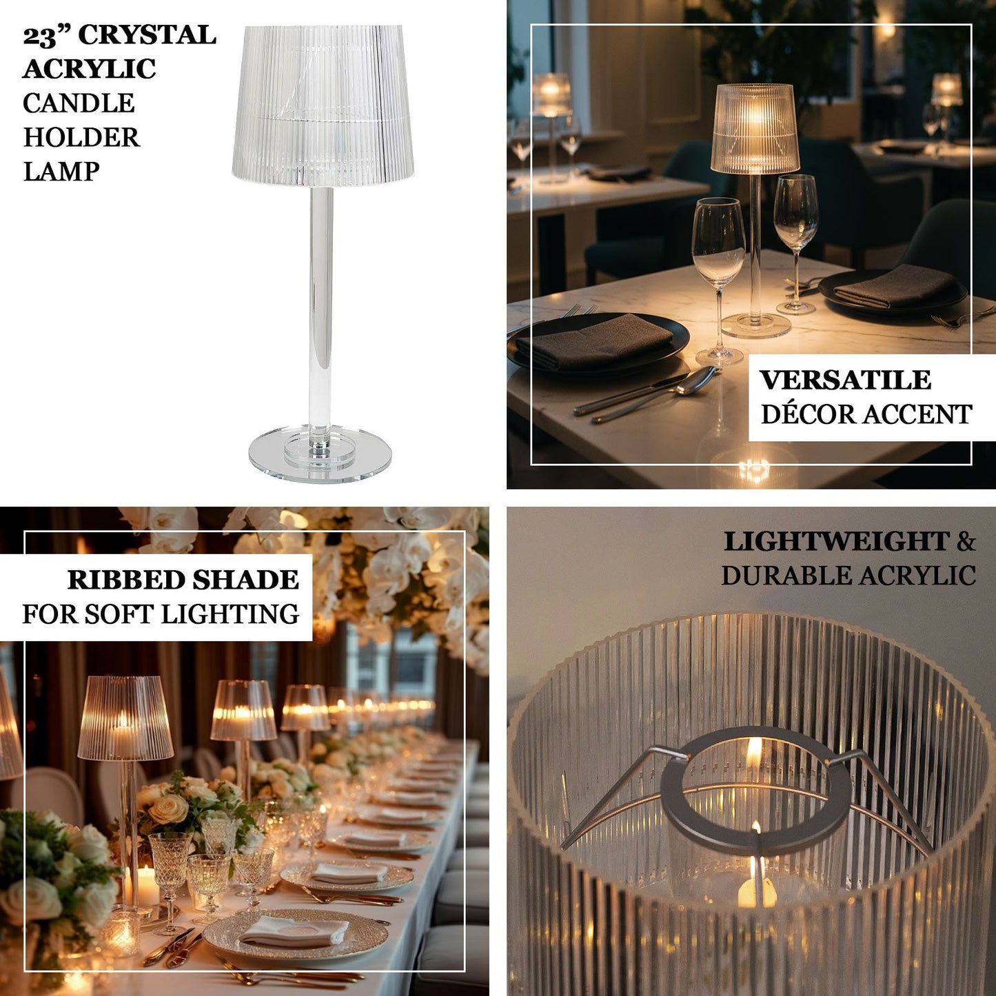 23" Crystal Candle Lamp with Ribbed Shade â€“ Clear Acrylic Column Candle Holder for Tealight & Taper Candles