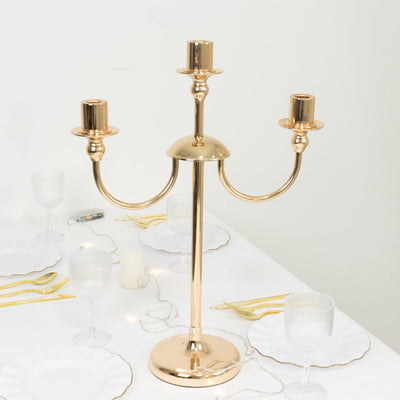 22" Tall Gold 3-Arm Metal Candelabra â€“ Modern Taper Candle Holder Centerpiece Stand