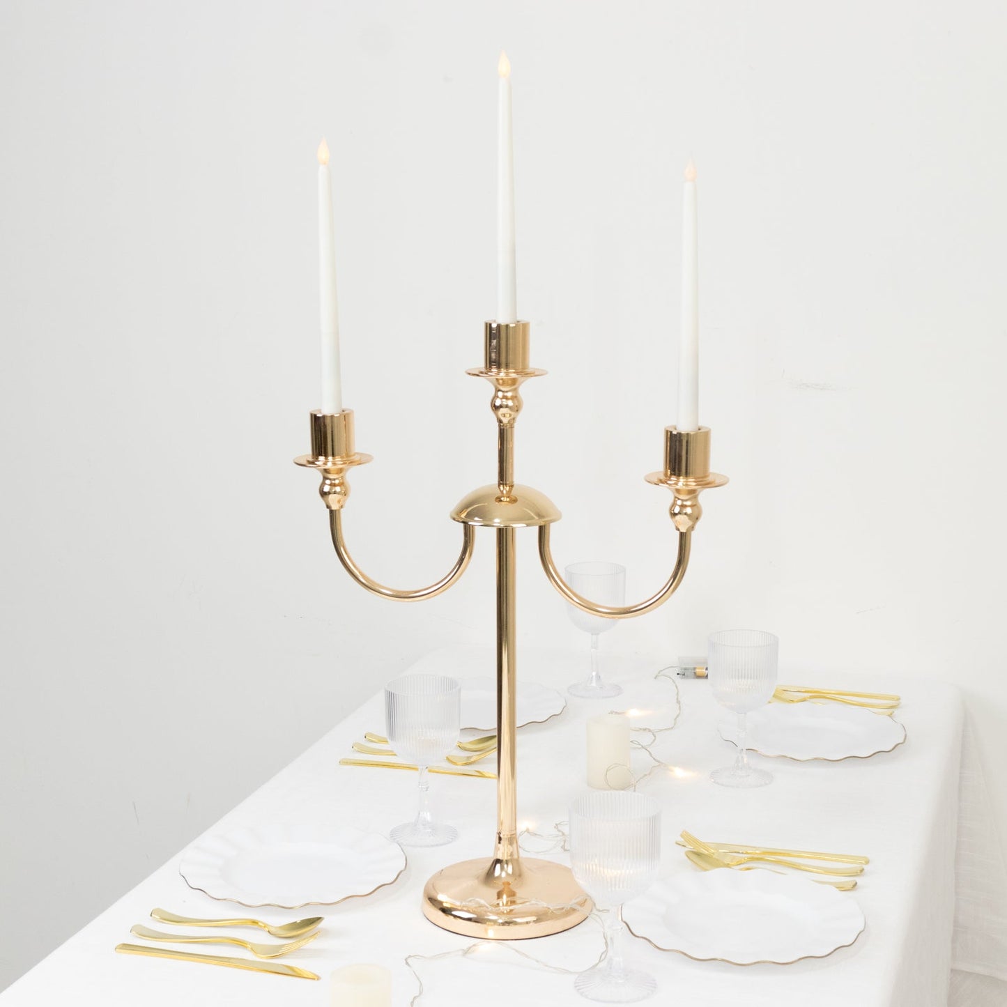 22" Tall Gold 3-Arm Metal Candelabra â€“ Modern Taper Candle Holder Centerpiece Stand