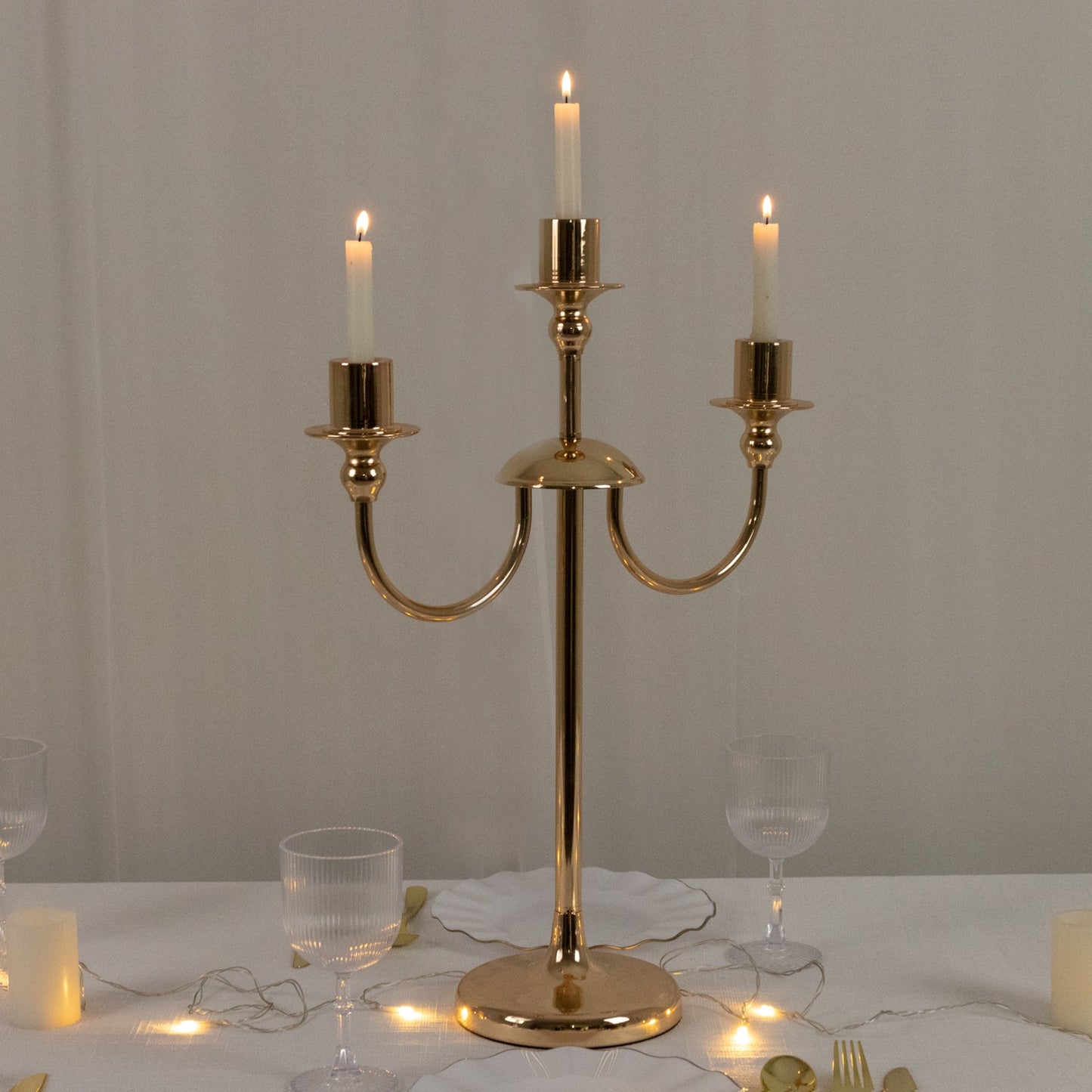 22" Tall Gold 3-Arm Metal Candelabra â€“ Modern Taper Candle Holder Centerpiece Stand