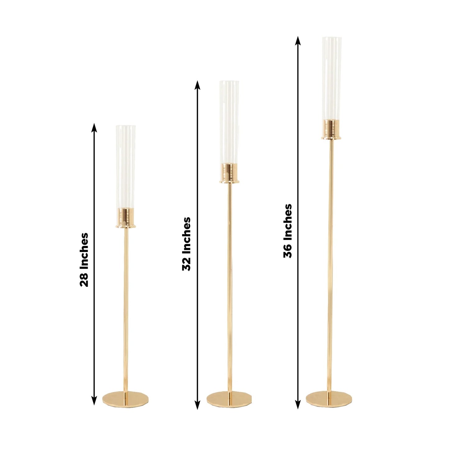 Gold Metal Taper Candle Holders with Hurricane Glass Shades, Set of 3 â€“ Modern Minimalist Candlestick Stands â€“ 28", 32", 36"