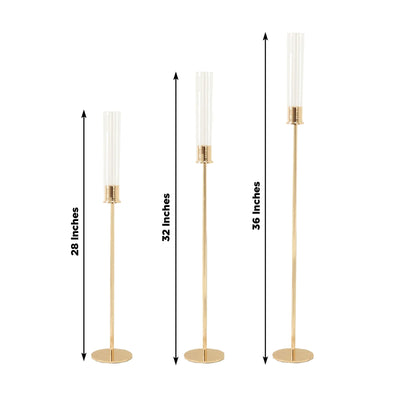 Gold Metal Taper Candle Holders with Hurricane Glass Shades, Set of 3 â€“ Modern Minimalist Candlestick Stands â€“ 28", 32", 36"