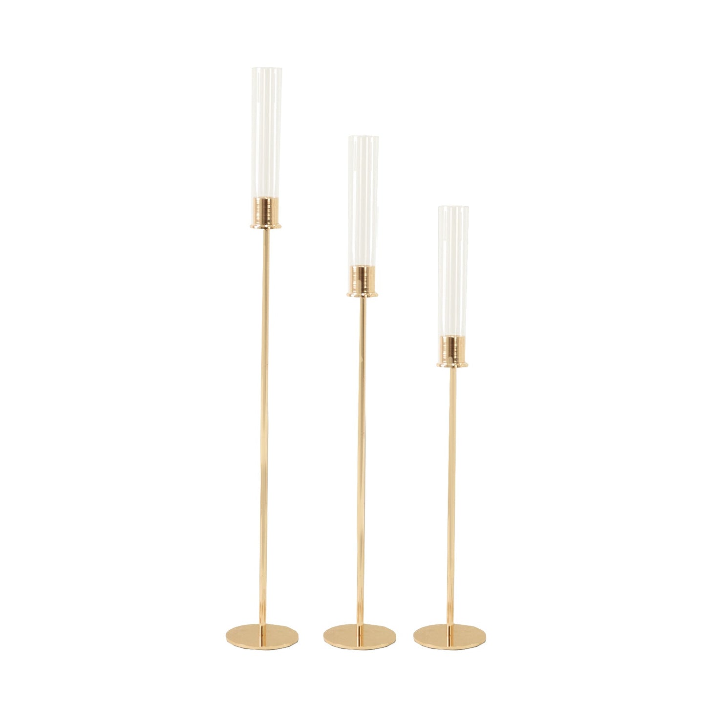 Gold Metal Taper Candle Holders with Hurricane Glass Shades, Set of 3 â€“ Modern Minimalist Candlestick Stands â€“ 28", 32", 36"
