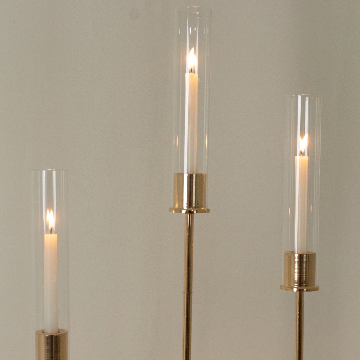 Gold Metal Taper Candle Holders with Hurricane Glass Shades, Set of 3 â€“ Modern Minimalist Candlestick Stands â€“ 28", 32", 36"