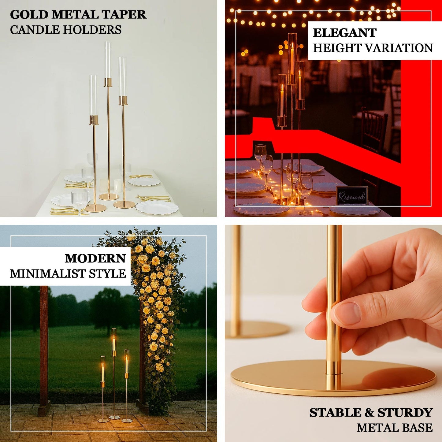 Gold Metal Taper Candle Holders with Hurricane Glass Shades, Set of 3 â€“ Modern Minimalist Candlestick Stands â€“ 28", 32", 36"