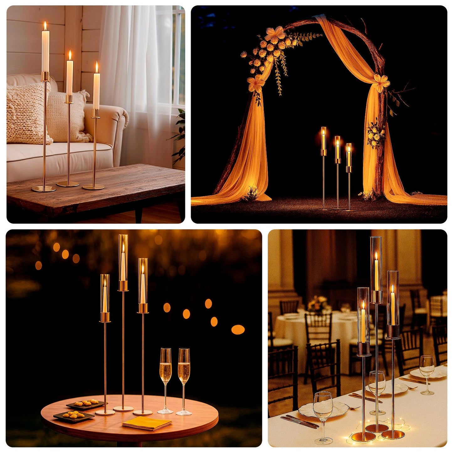 Gold Metal Taper Candle Holders with Hurricane Glass Shades, Set of 3 â€“ Modern Minimalist Candlestick Stands â€“ 28", 32", 36"