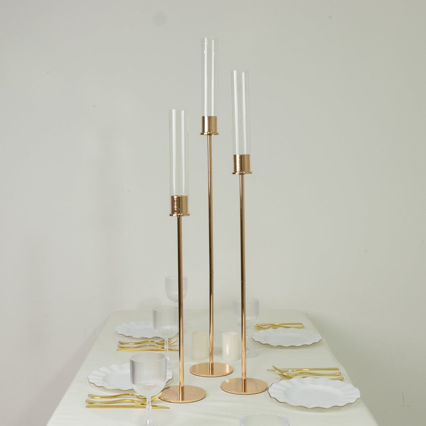 Gold Metal Taper Candle Holders with Hurricane Glass Shades, Set of 3 â€“ Modern Minimalist Candlestick Stands â€“ 28", 32", 36"