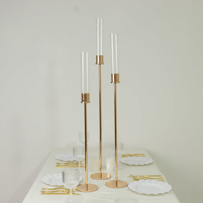 Gold Metal Taper Candle Holders with Hurricane Glass Shades, Set of 3 â€“ Modern Minimalist Candlestick Stands â€“ 28", 32", 36"