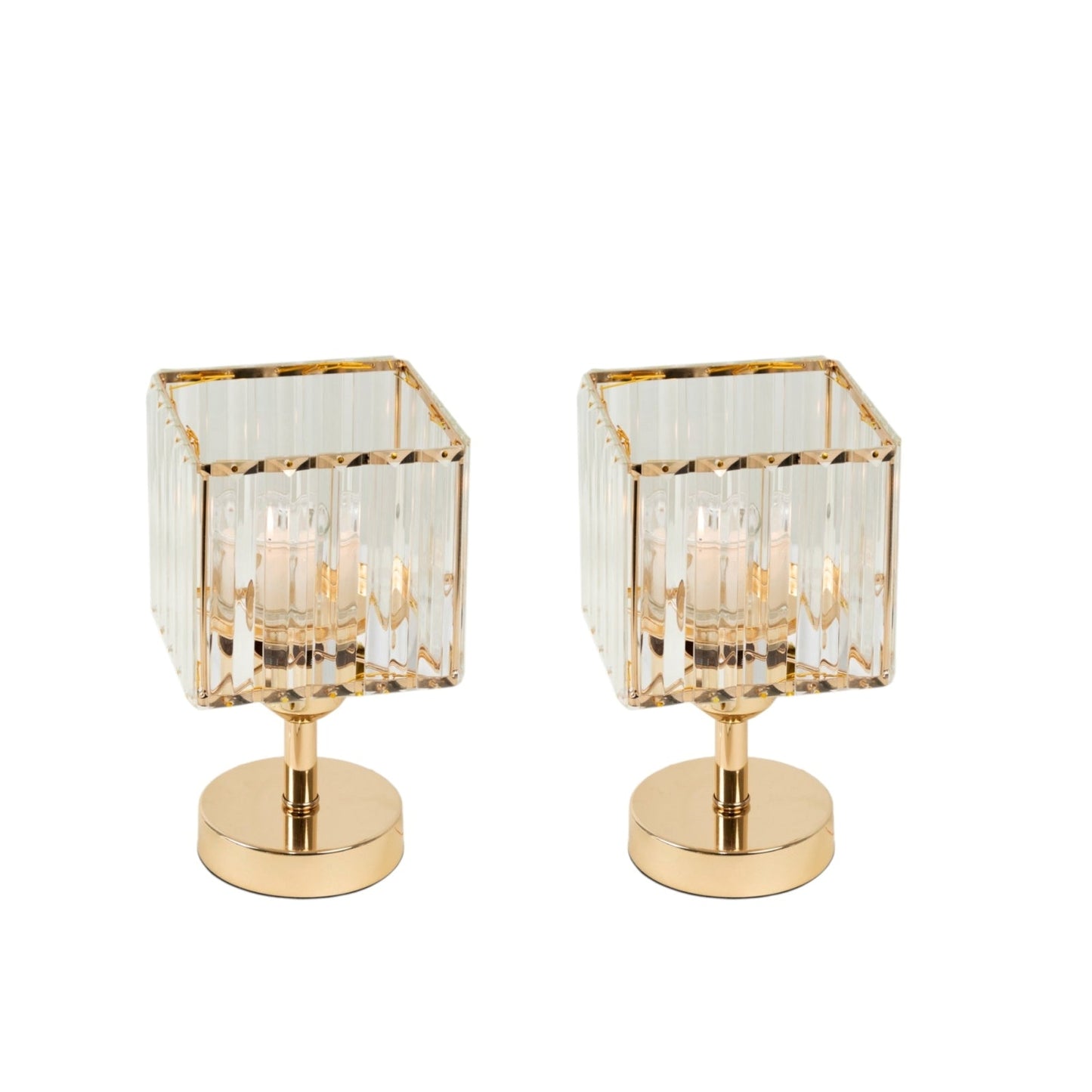 2 Pack 9" Crystal Pendant Hurricane Candle Holders in Gold, Elegant Square Design for Pillar Candles, Decorative Table Centerpieces