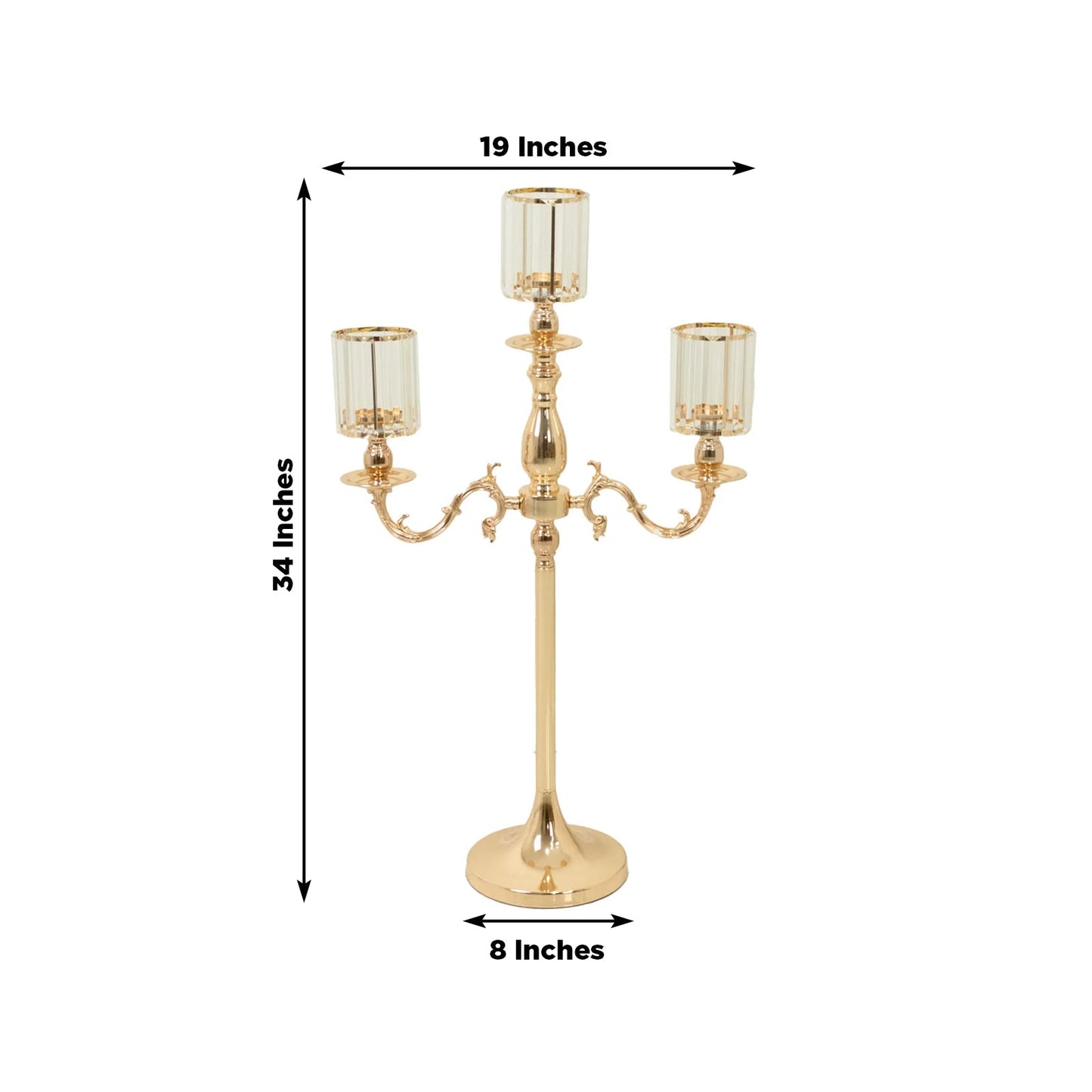 Gold Metal 3-Arm Candelabra with Crystal Pendant Glass Shades â€“ 34" Tall Candle Holder for Pillar, LED, and Flameless Candles