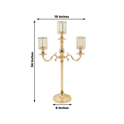 Gold Metal 3-Arm Candelabra with Crystal Pendant Glass Shades â€“ 34" Tall Candle Holder for Pillar, LED, and Flameless Candles